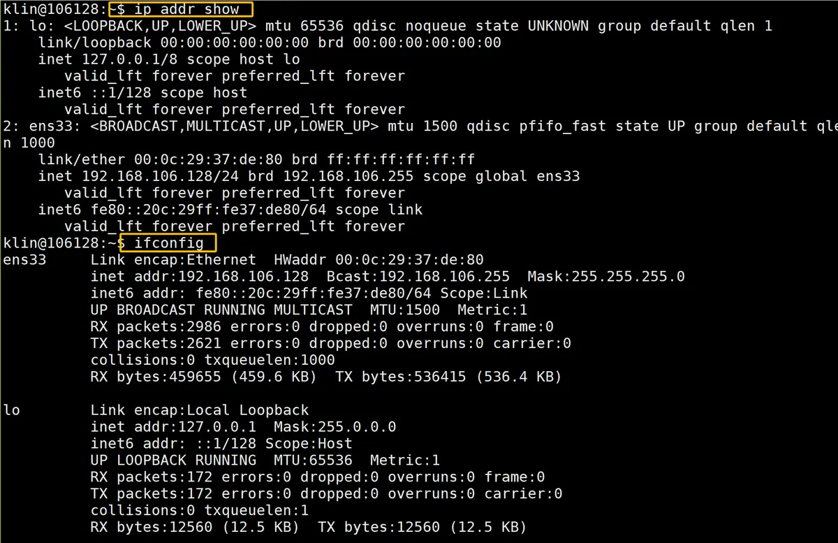 ifconfig & ip addr show